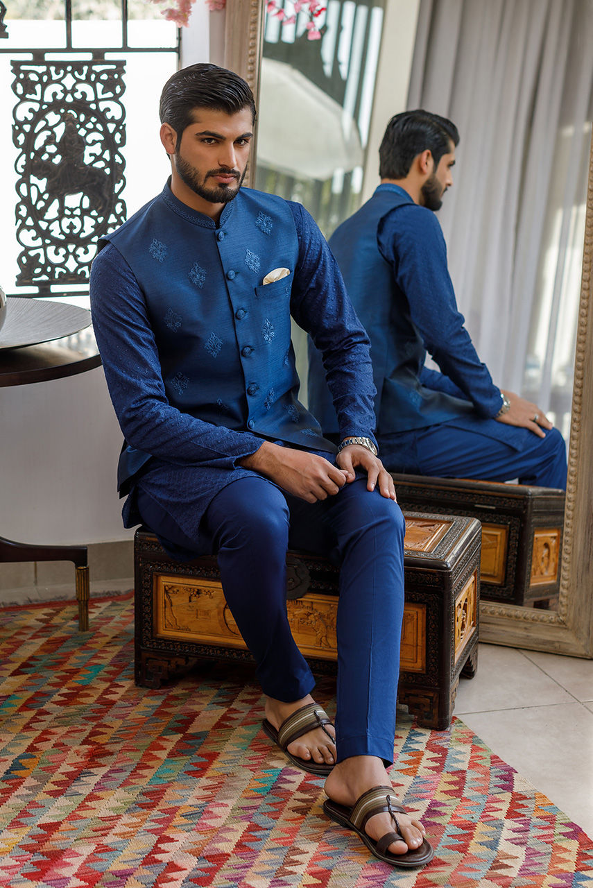 Blue Embroidered Raw Silk Waistcoat (1-Pc) - Image 3