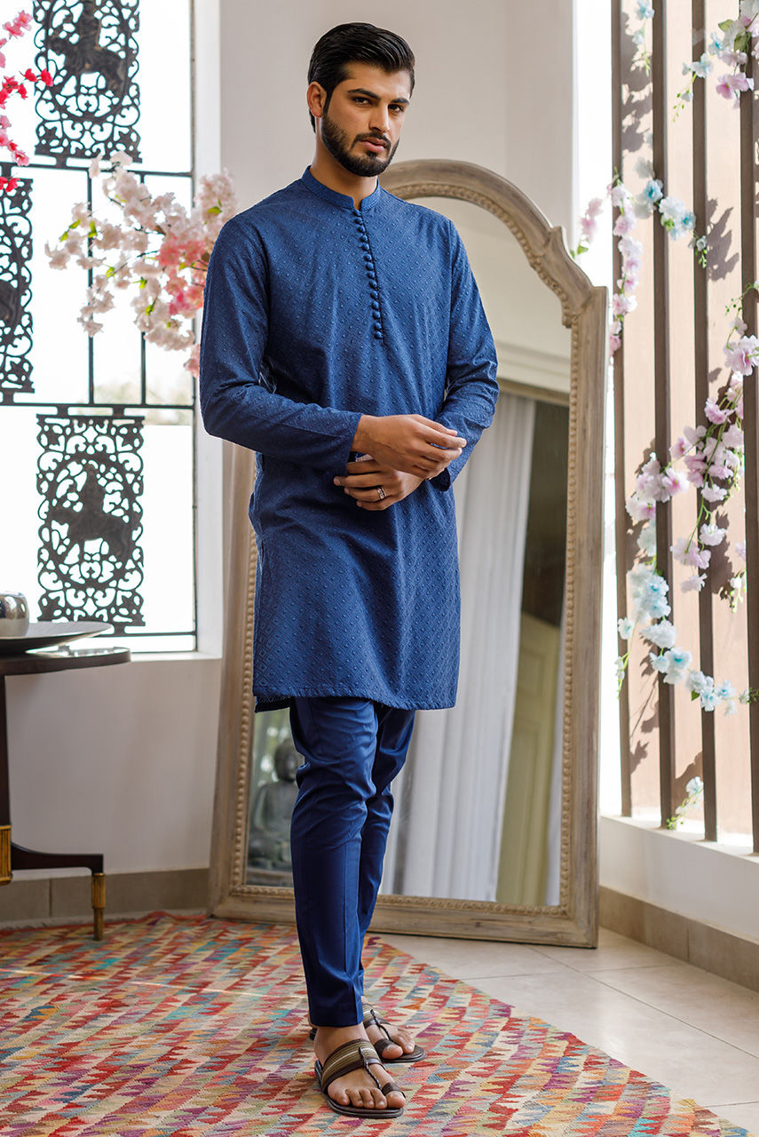 Blue Embroidered Raw Silk Waistcoat (1-Pc) - Image 6