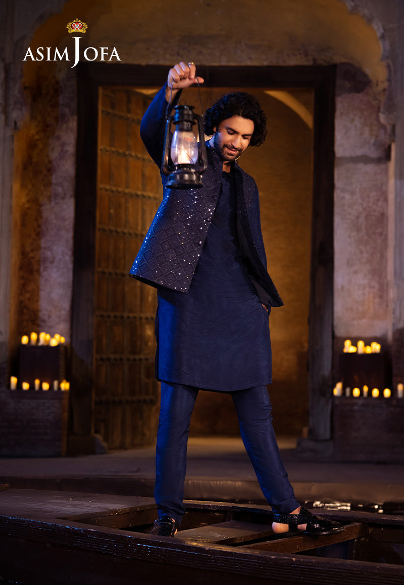 Royal Blue Embroidered Raw Silk Waistcoat Kurta (3-Piece) - Image 1