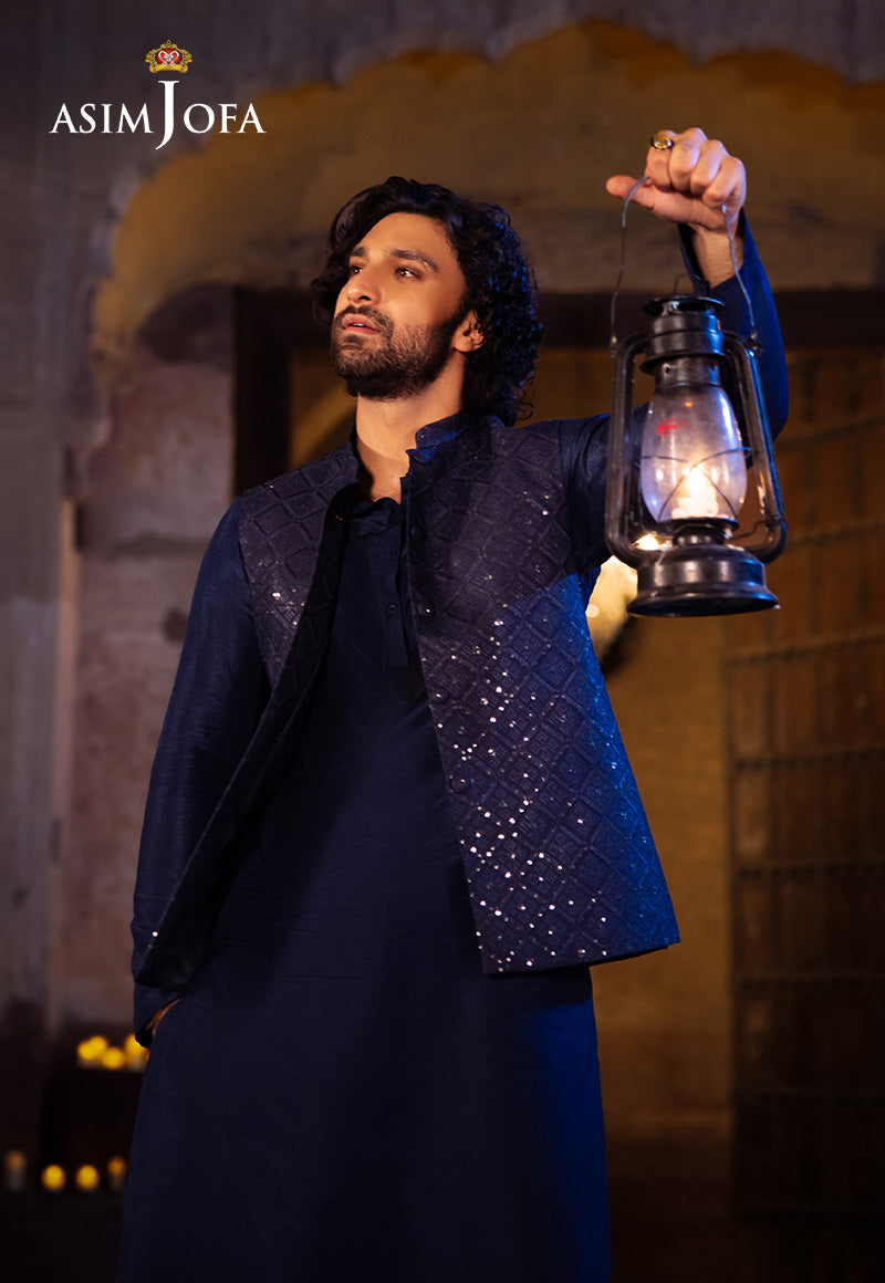 Royal Blue Embroidered Raw Silk Waistcoat Kurta (3-Piece) - Image 3