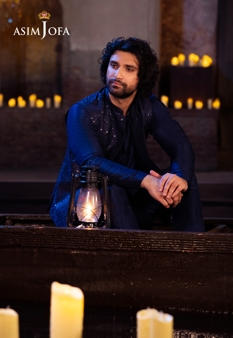 Royal Blue Embroidered Raw Silk Waistcoat Kurta (3-Piece) - Image 4