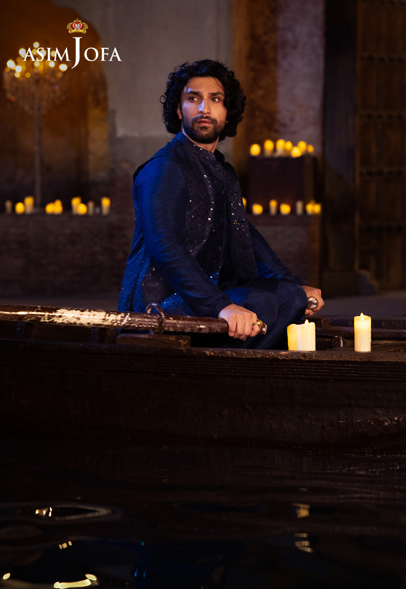 Royal Blue Embroidered Raw Silk Waistcoat Kurta (3-Piece) - Image 5