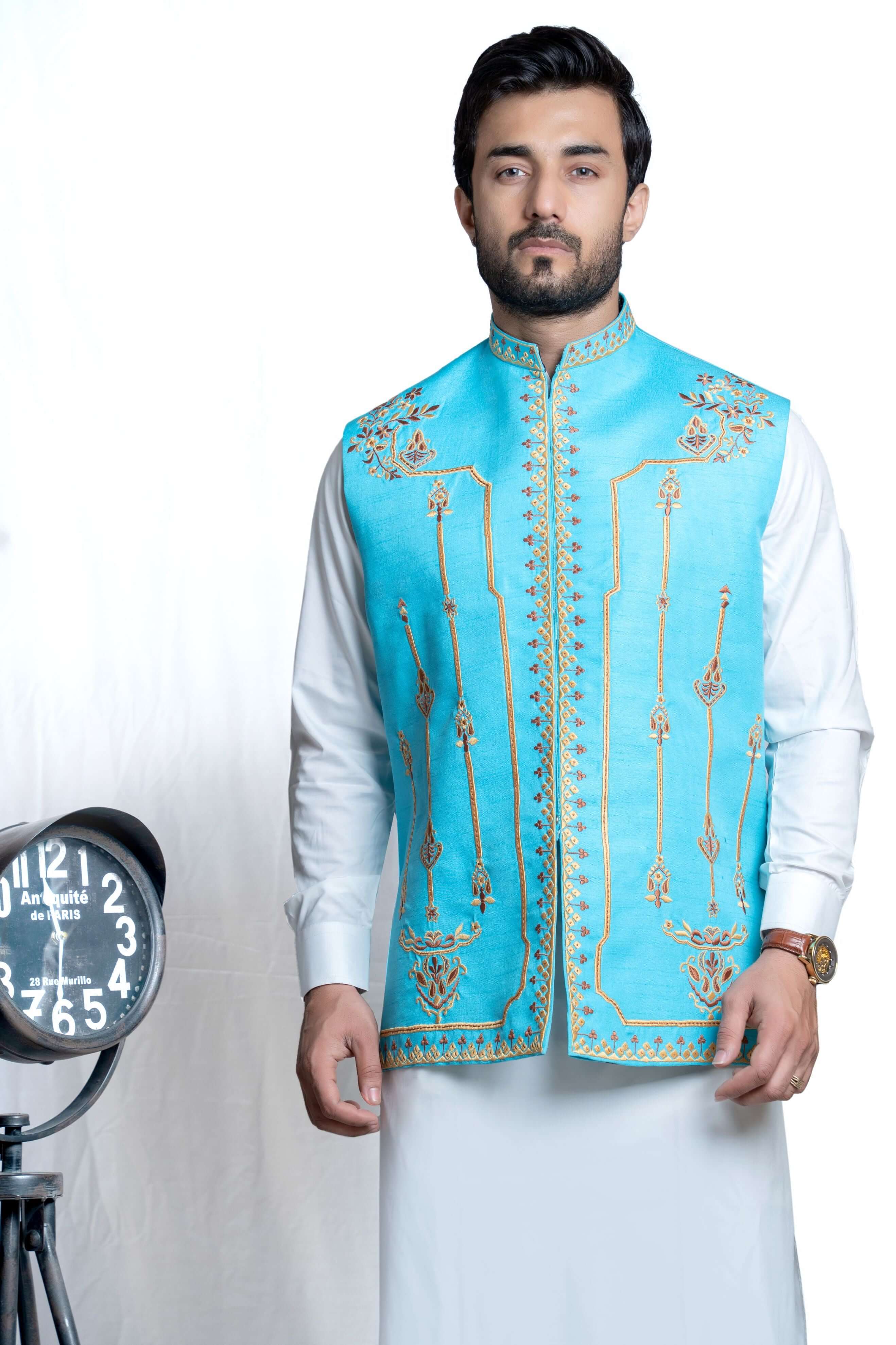 Sky Blue Embroidered Rawsilk Waistcoat Kurta (3-Piece) - Image 1