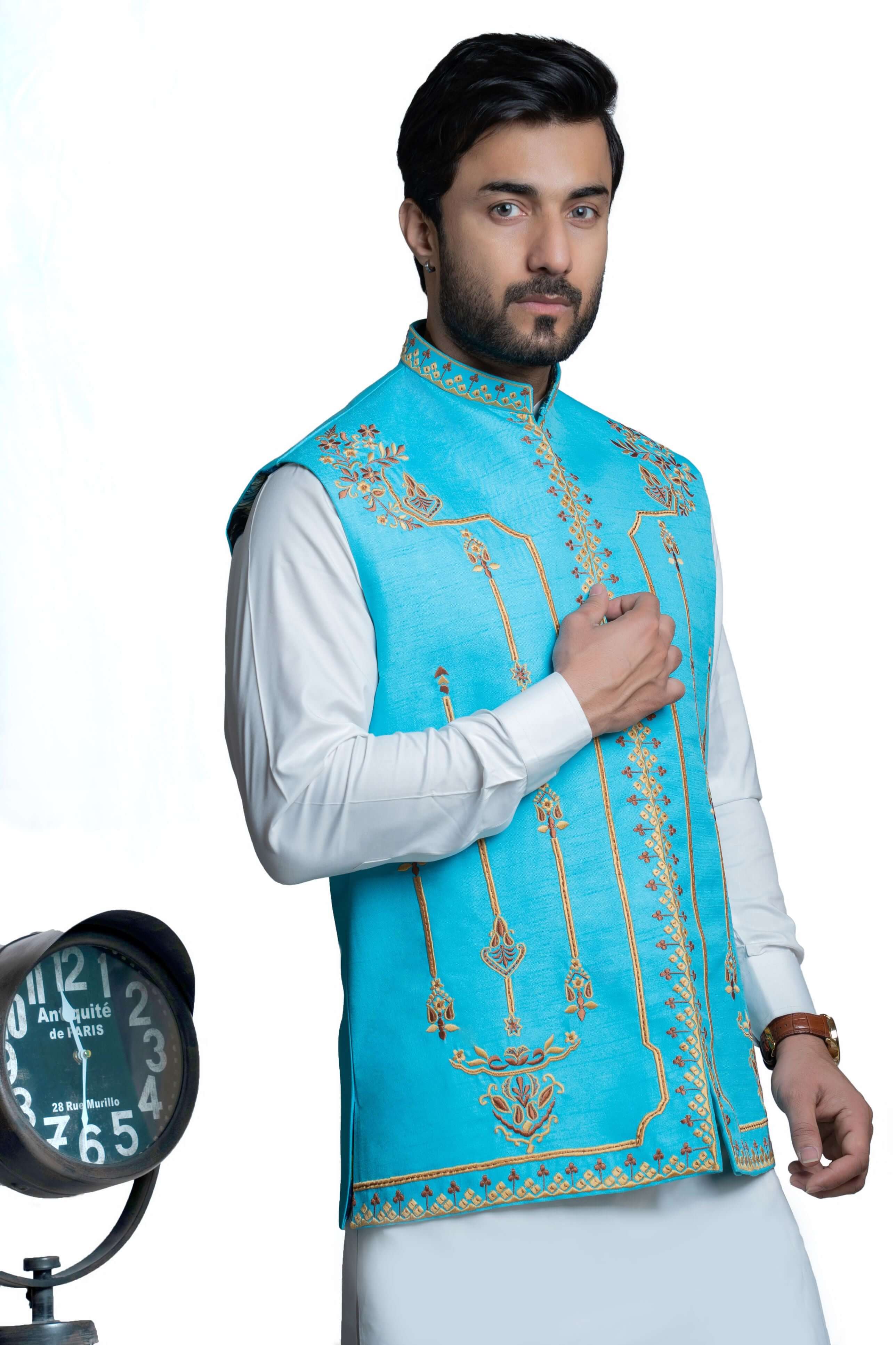 Sky Blue Embroidered Rawsilk Waistcoat Kurta (3-Piece) - Image 2
