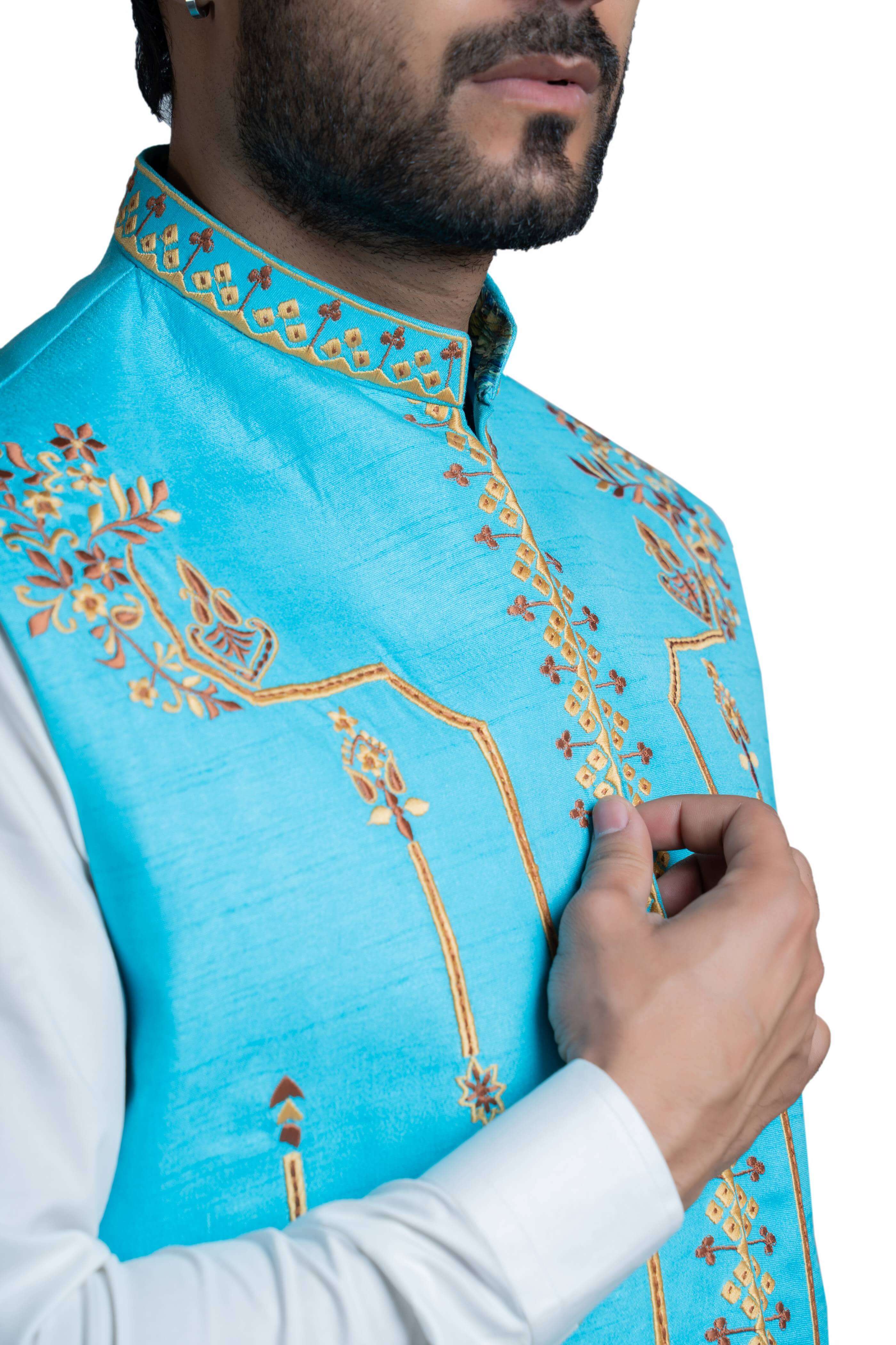 Sky Blue Embroidered Rawsilk Waistcoat Kurta (3-Piece) - Image 3