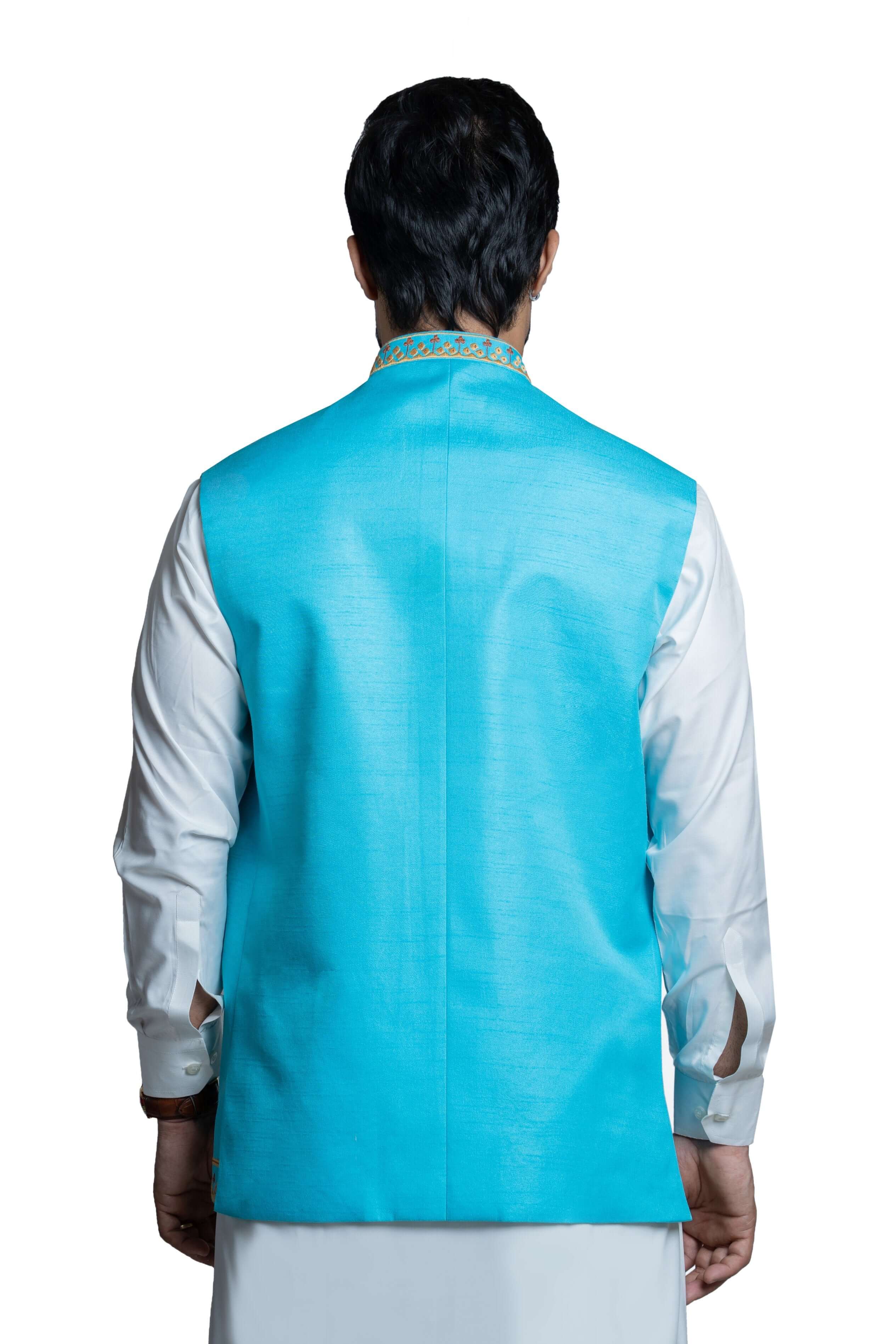 Sky Blue Embroidered Rawsilk Waistcoat Kurta (3-Piece) - Image 4