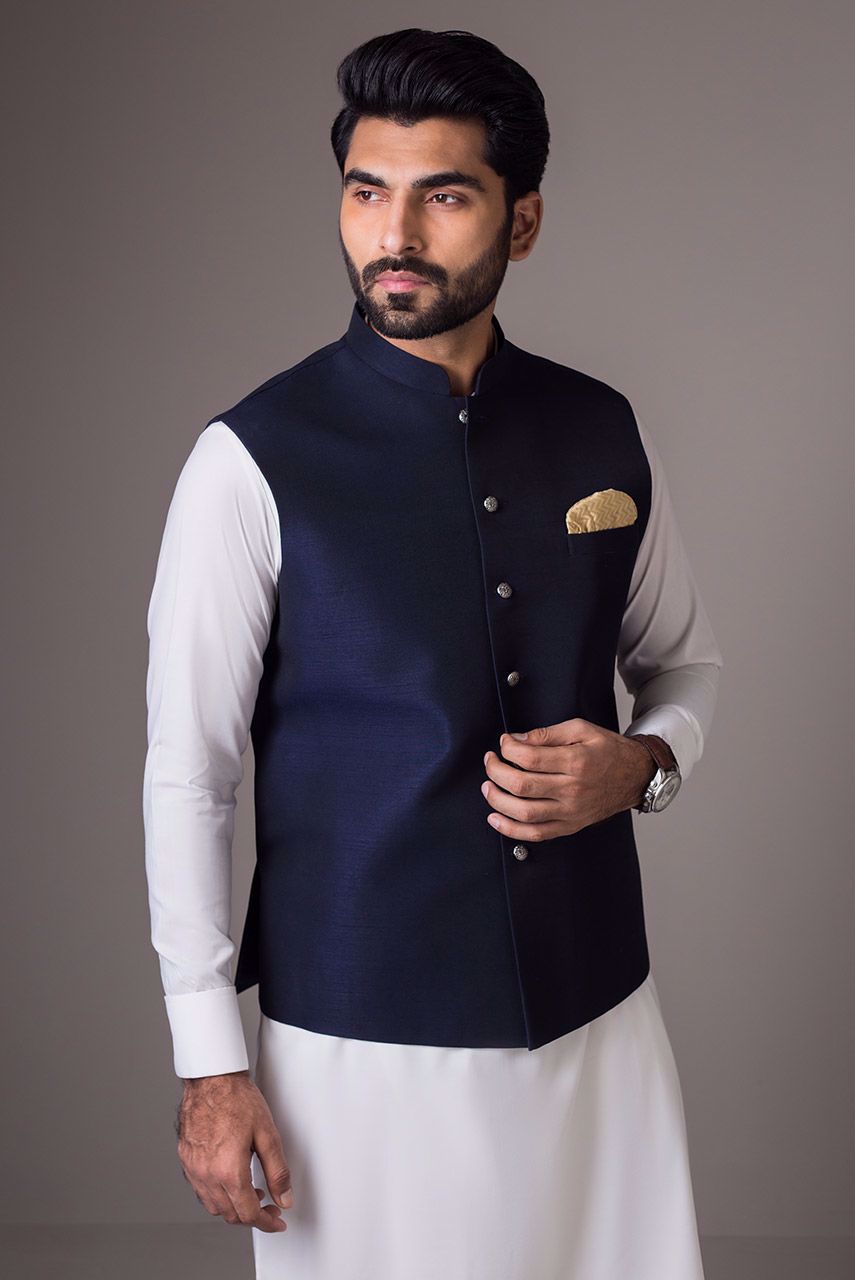 Blue Raw Silk Waistcoat with Metal Buttons (3-Piece) - Image 1