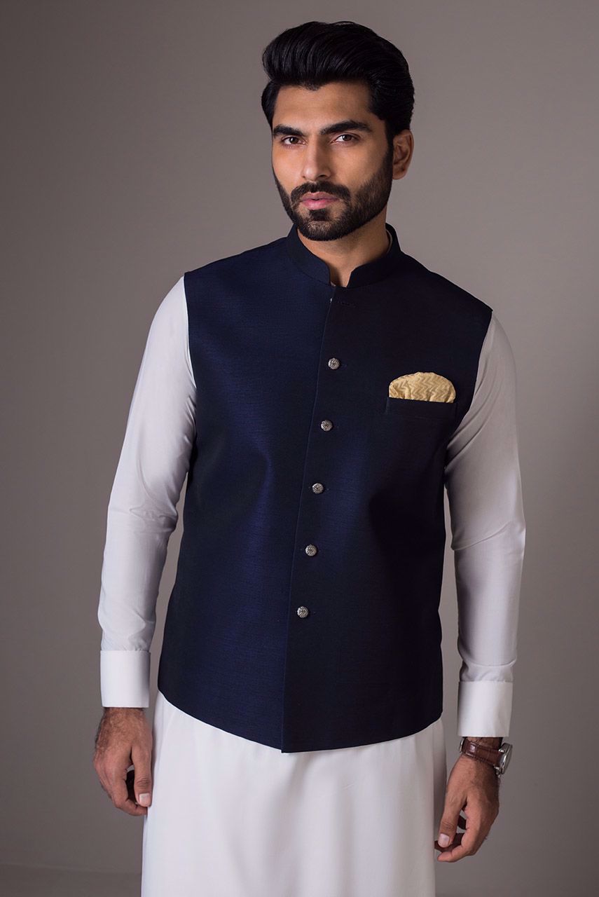 Blue Raw Silk Waistcoat with Metal Buttons (3-Piece) - Image 2
