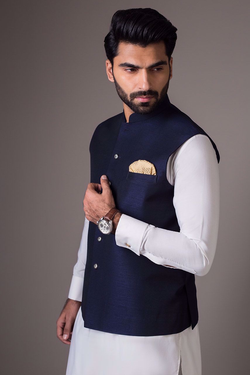 Blue Raw Silk Waistcoat with Metal Buttons (3-Piece) - Image 3