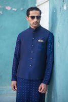 Royal Blue Embroidered Raw Silk Waistcoat (3-Piece) - Image 3