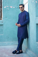 Royal Blue Embroidered Raw Silk Waistcoat (3-Piece) - Image 4