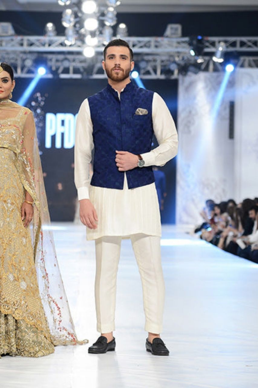Blue Textured Raw Silk Waistcoat Kurta Set (3-Piece) - Image 1