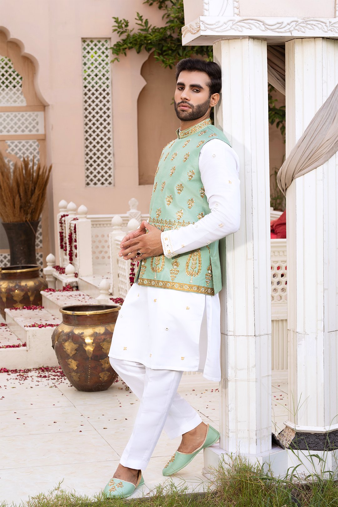 Aqua Ada Embroidered Silk Waistcoat (3-Piece) - Image 2