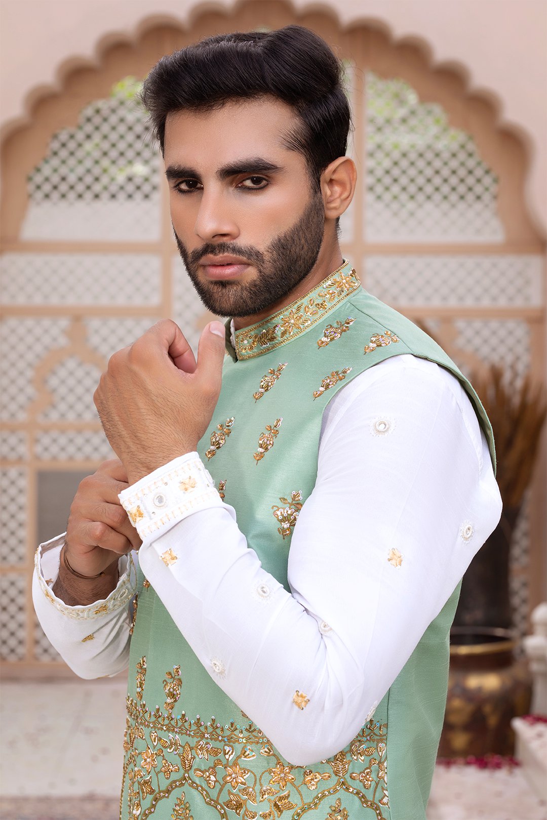 Aqua Ada Embroidered Silk Waistcoat (3-Piece) - Image 3