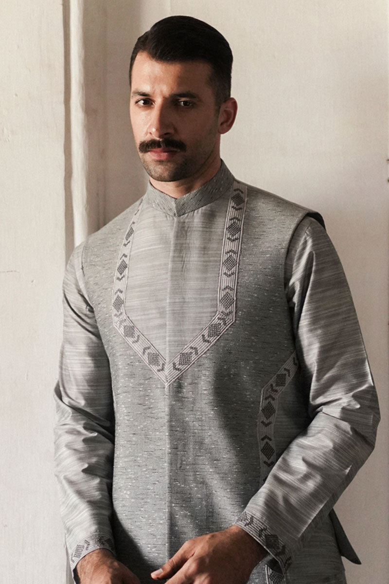 Pastel Blue Embroidered Silk-Blend Waistcoat Kurta (3-Piece) - Image 2