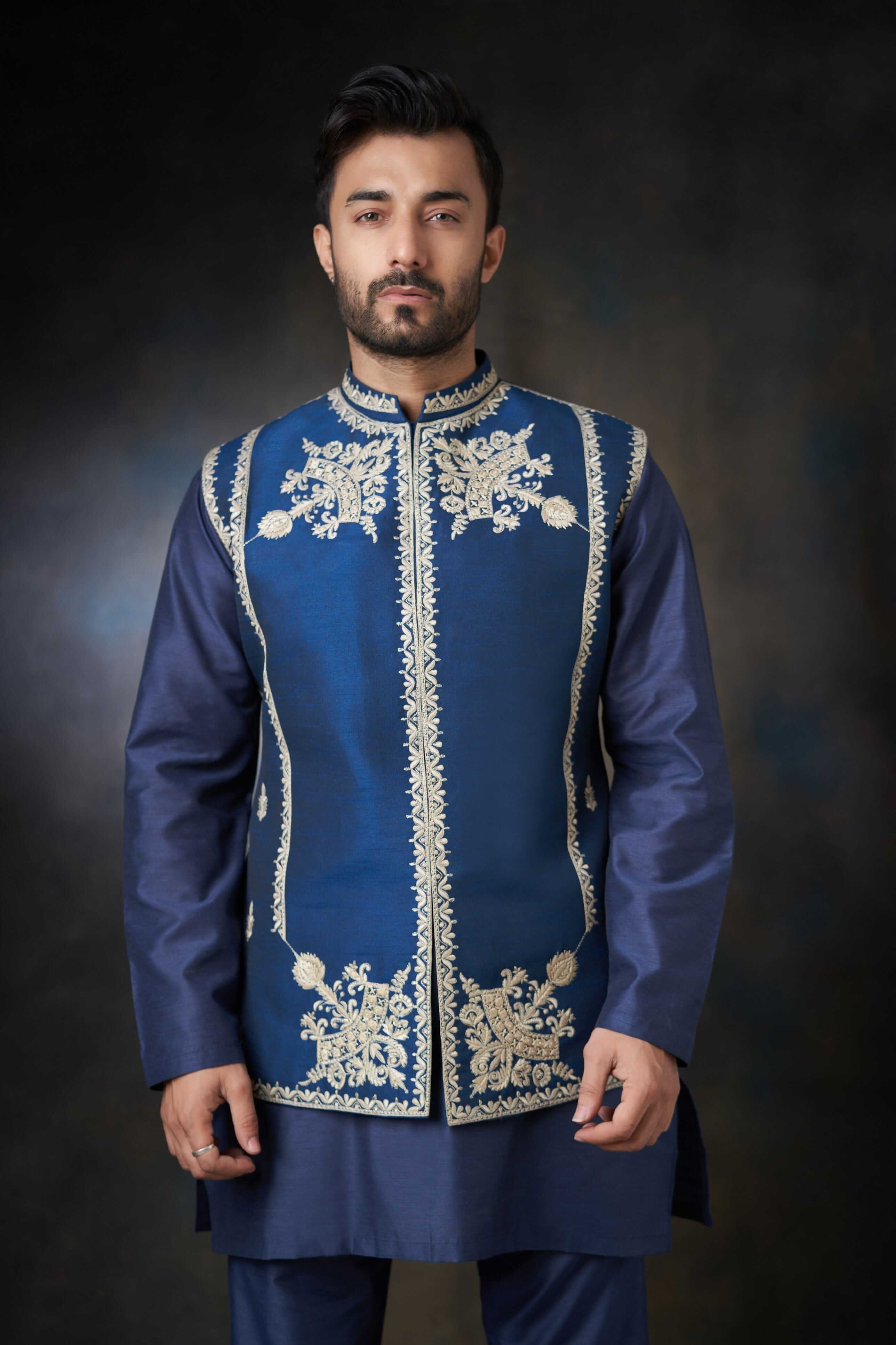 Dark Azure Blue Embroidered Silk-Blend Waistcoat Kurta (3-Piece) - Image 1
