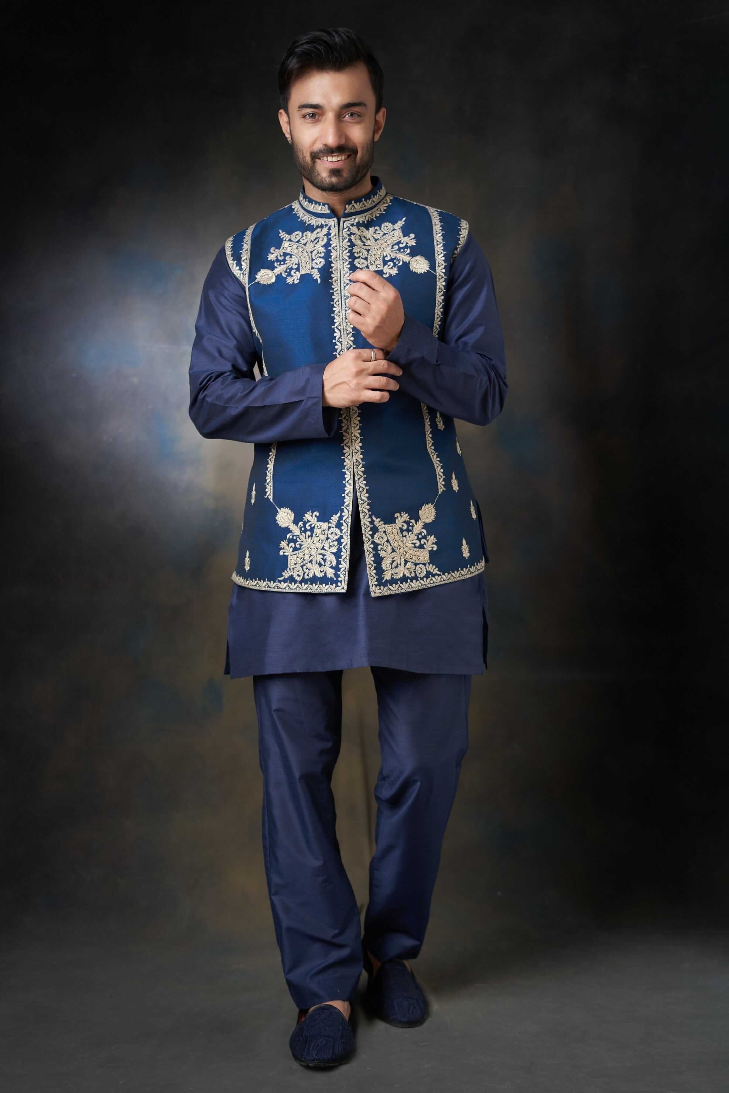 Dark Azure Blue Embroidered Silk-Blend Waistcoat Kurta (3-Piece) - Image 2