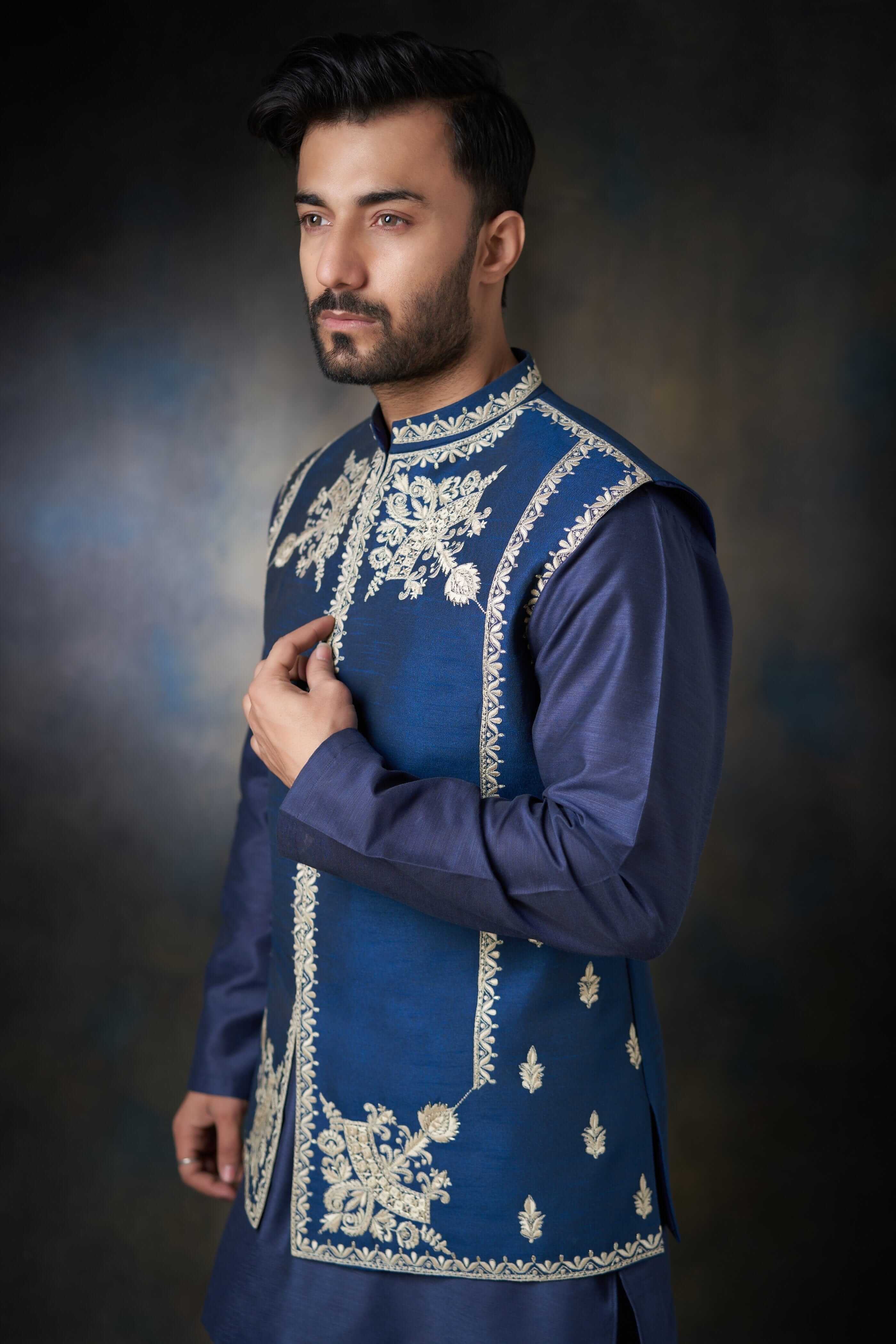 Dark Azure Blue Embroidered Silk-Blend Waistcoat Kurta (3-Piece) - Image 3