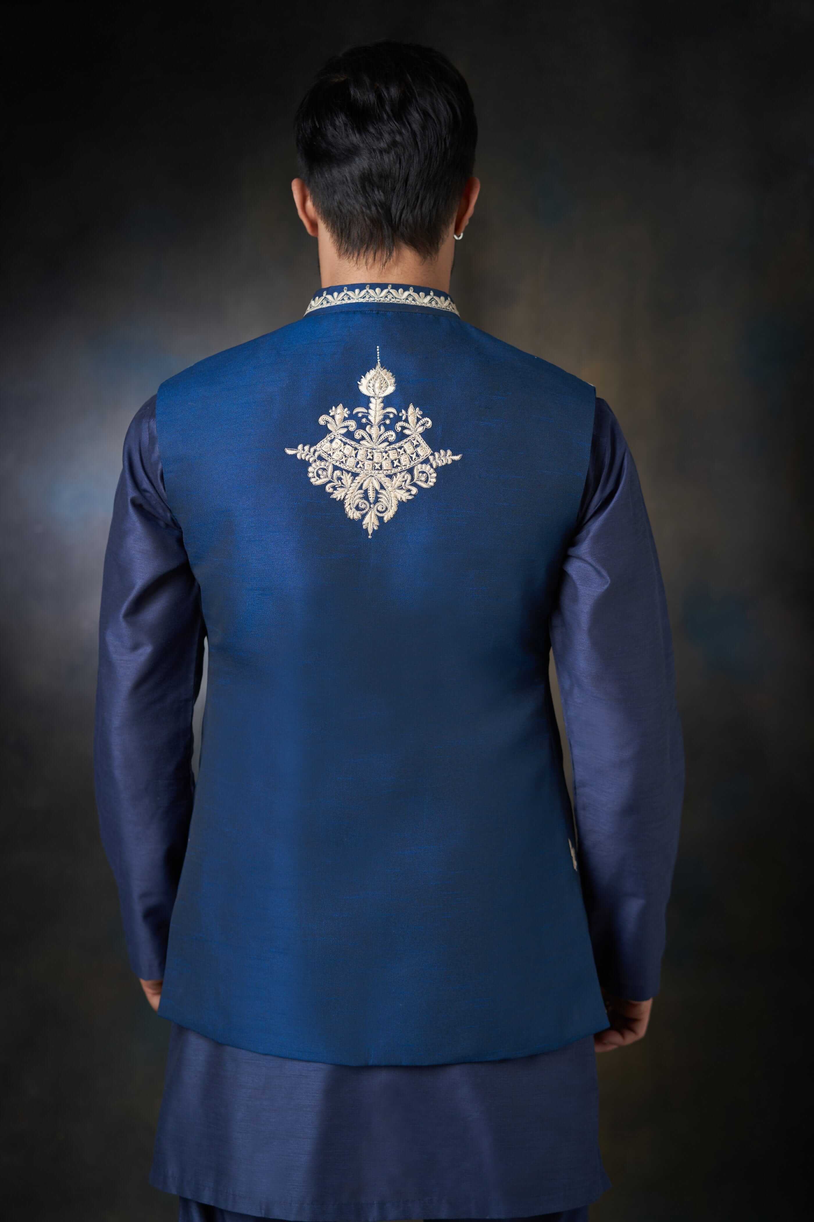 Dark Azure Blue Embroidered Silk-Blend Waistcoat Kurta (3-Piece) - Image 4