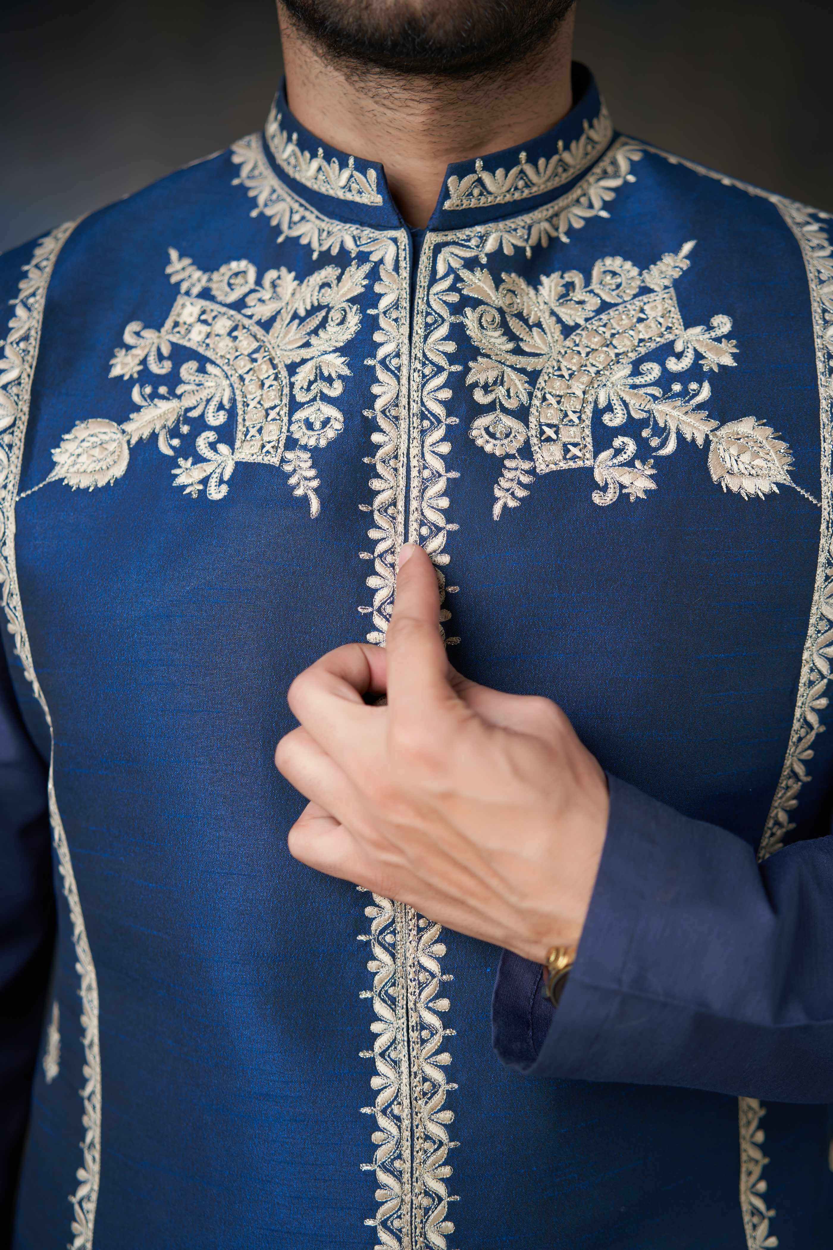 Dark Azure Blue Embroidered Silk-Blend Waistcoat Kurta (3-Piece) - Image 5