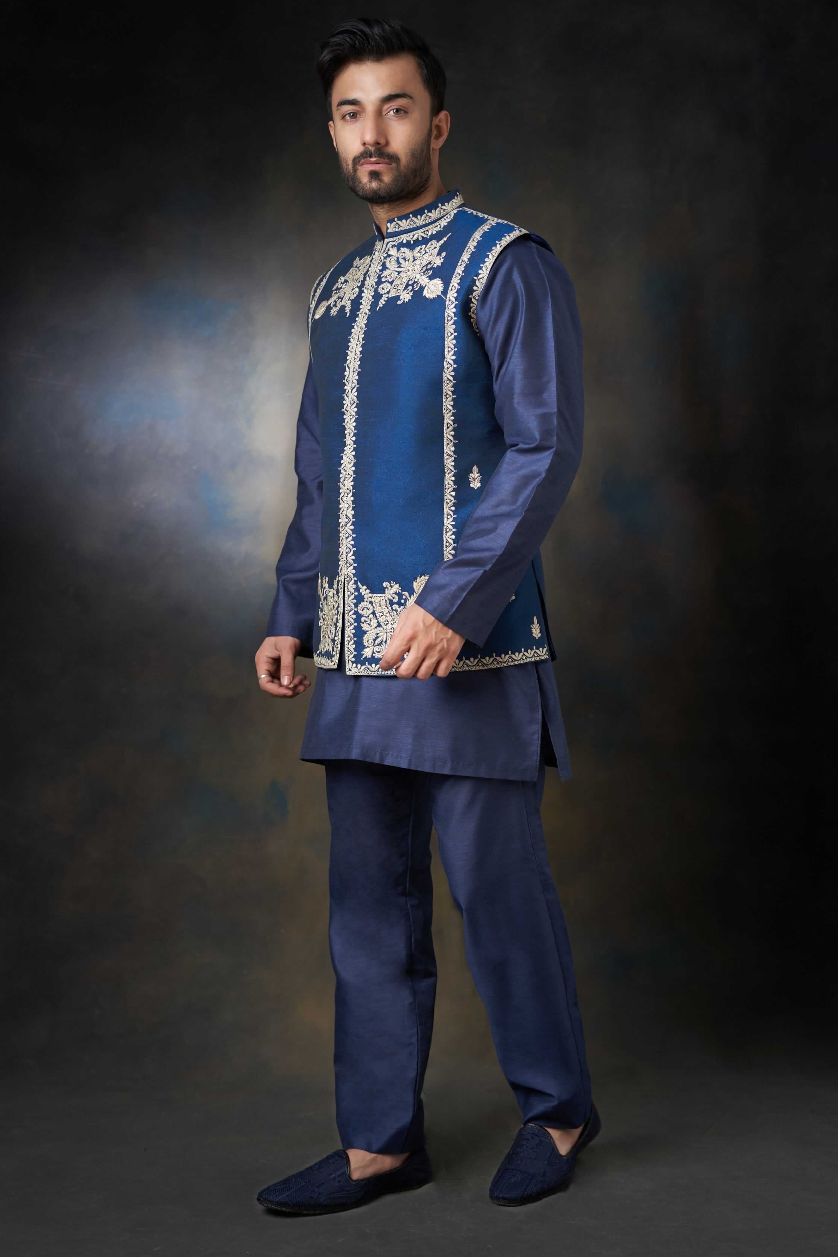 Dark Azure Blue Embroidered Silk-Blend Waistcoat Kurta (3-Piece) - Image 6