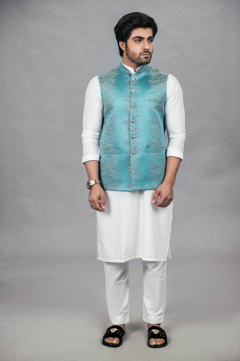 Blue Self-Embroidered Silk-Blend Waistcoat Kurta (3-Piece) - Image 1