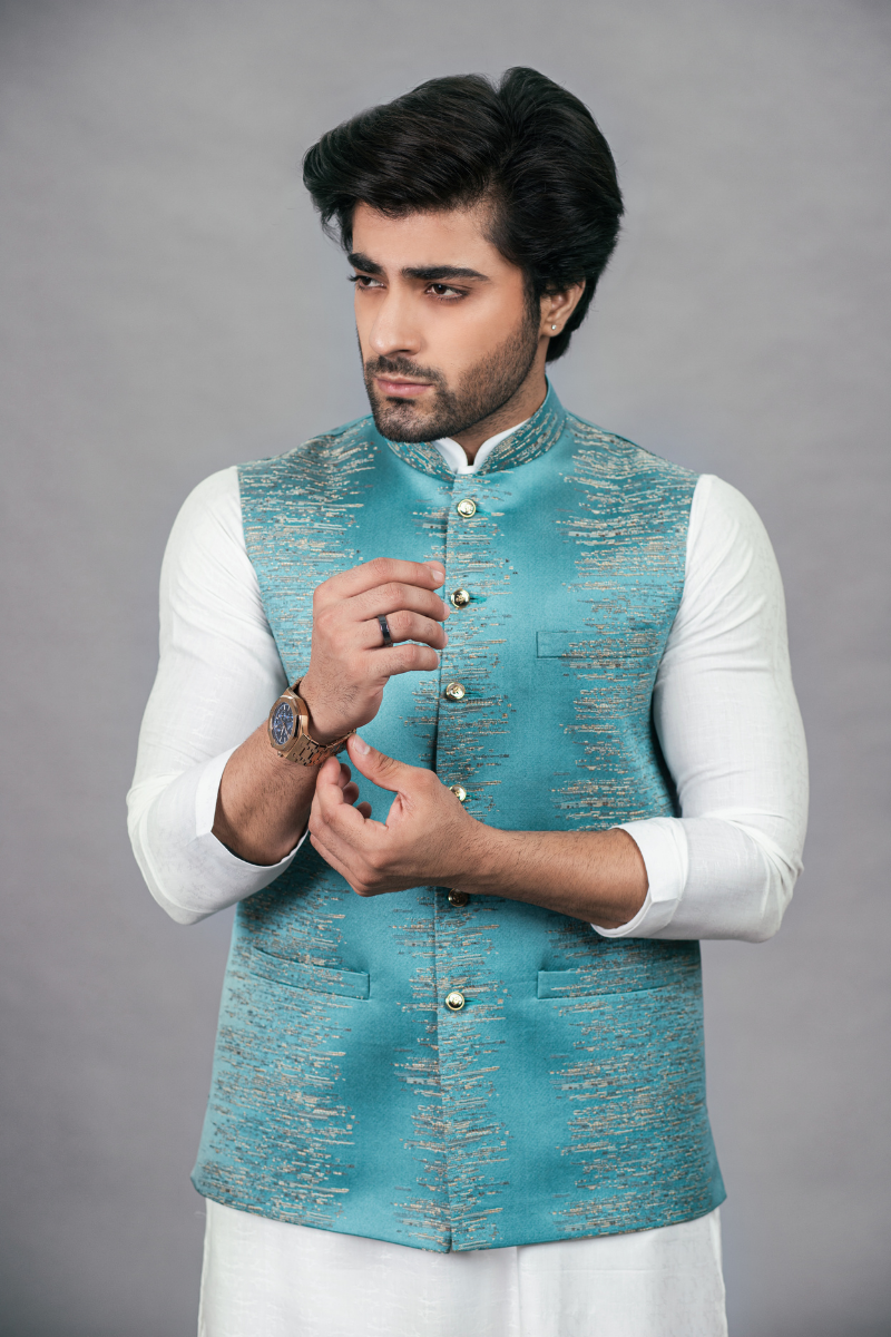 Blue Self-Embroidered Silk-Blend Waistcoat Kurta (3-Piece) - Image 2