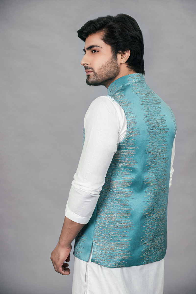 Blue Self-Embroidered Silk-Blend Waistcoat Kurta (3-Piece) - Image 3