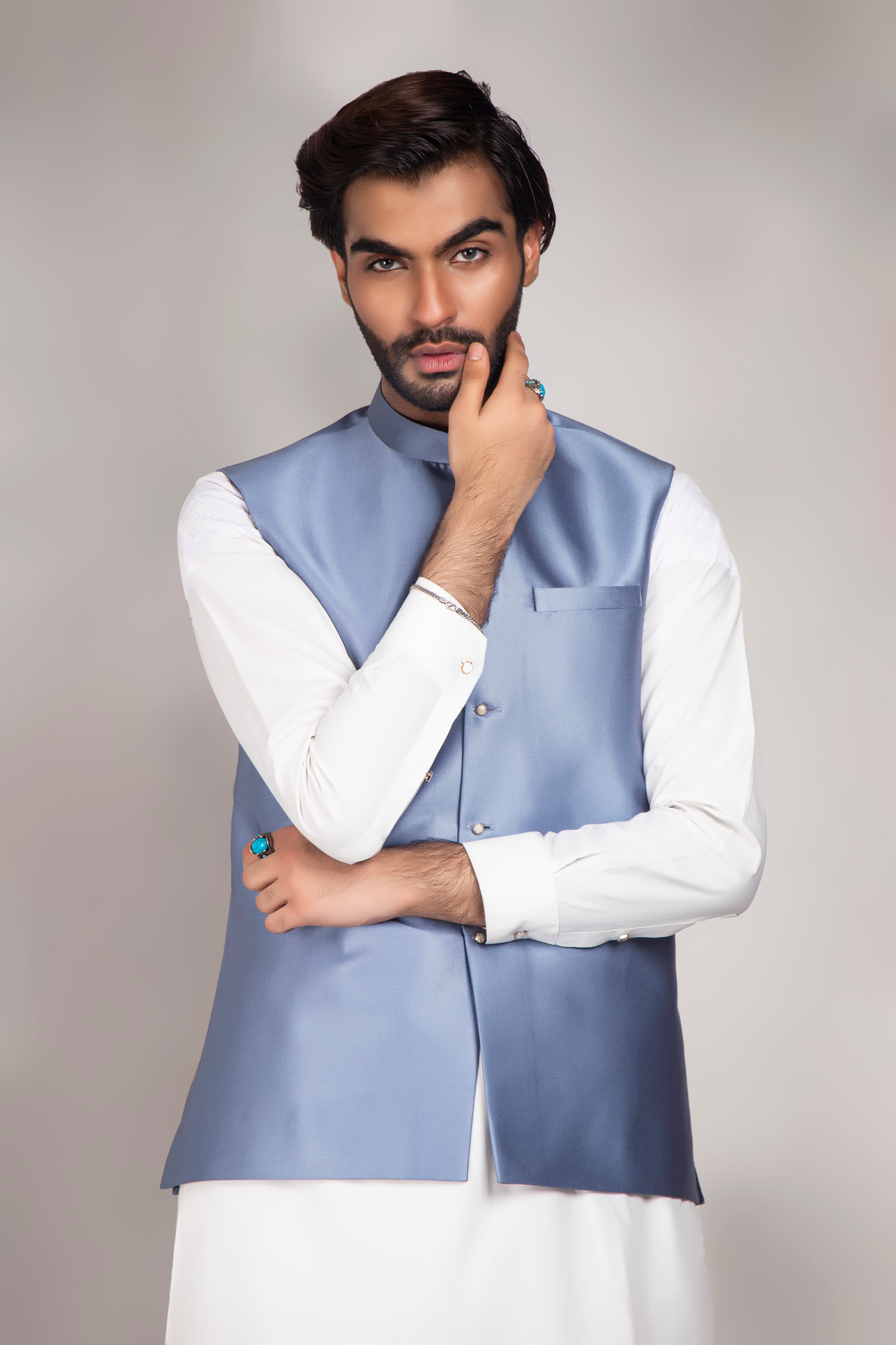 Shimmer Blue Silk-Blend Waistcoat (3-Piece) - Image 3