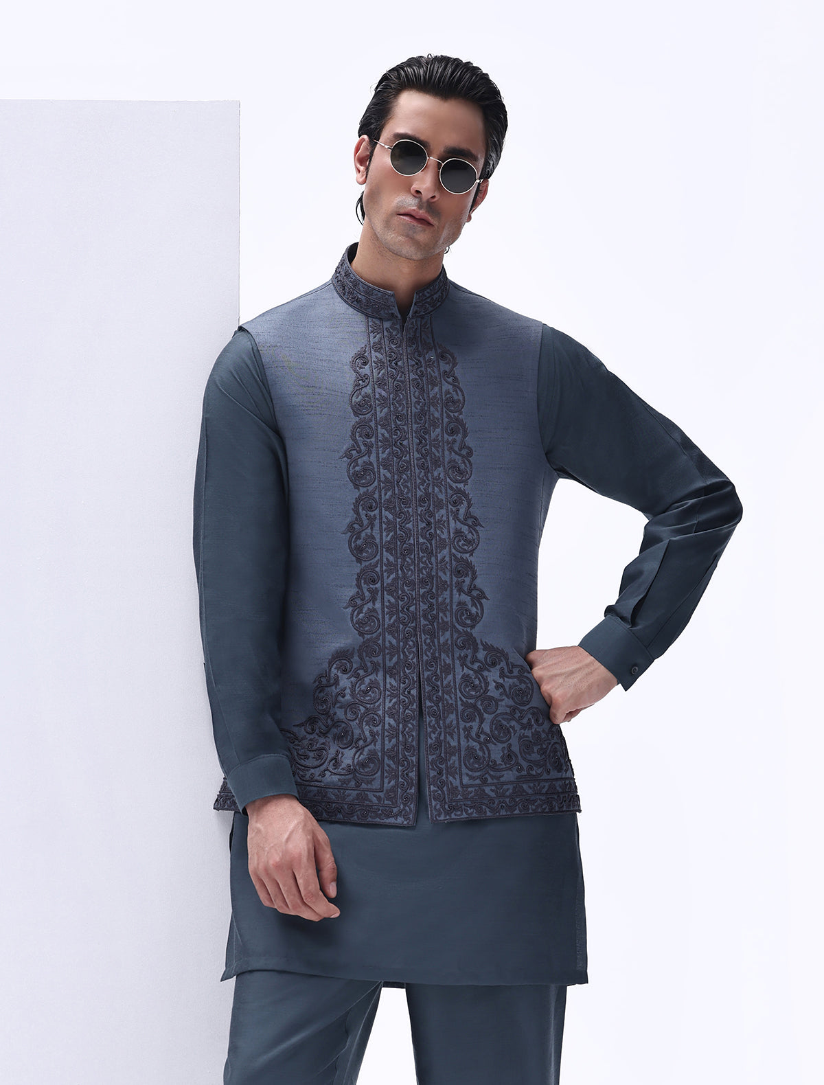Steel Blue Embroidered Silk-Blend Waistcoat Kurta (3-Piece) - Image 1