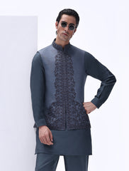 Steel Blue Embroidered Silk-Blend Waistcoat Kurta (3-Piece) - Image 2