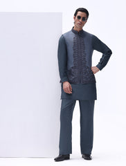 Steel Blue Embroidered Silk-Blend Waistcoat Kurta (3-Piece) - Image 3