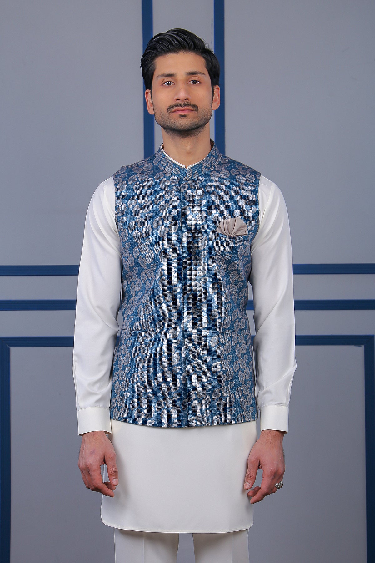 Blue Floral Self-Print Silk-Blend Waistcoat Kurta (3-Piece) - Image 1