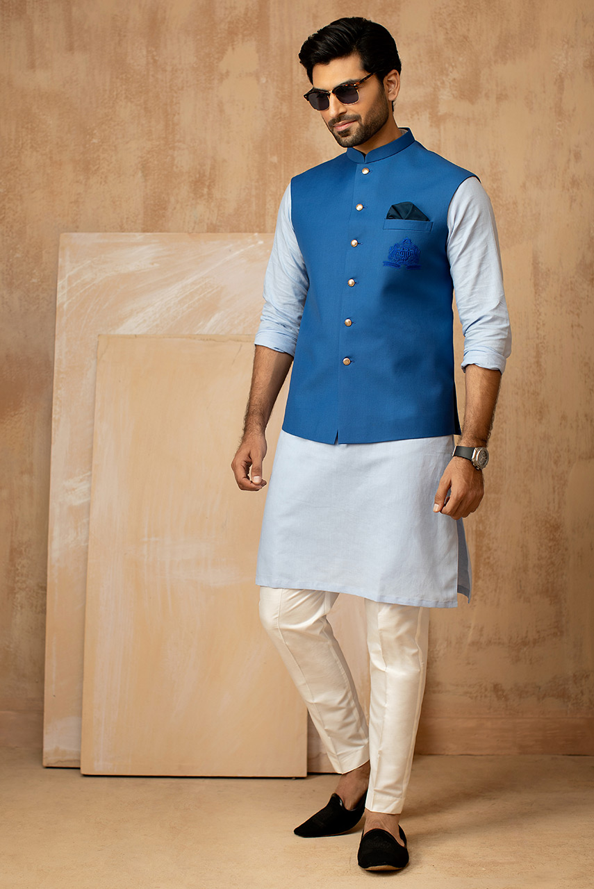 Blue Embroidered Suiting Waistcoat Kurta Set (3-Piece) - Image 1