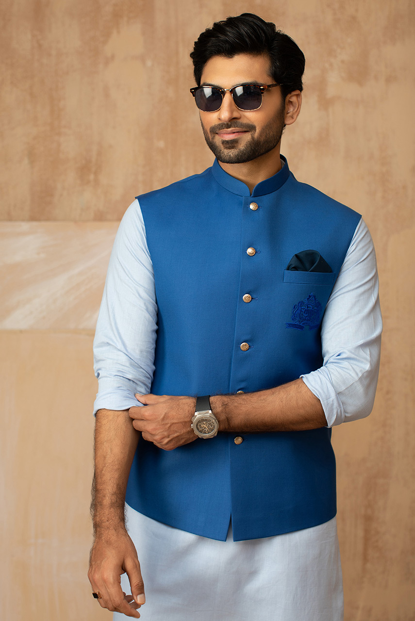 Blue Embroidered Suiting Waistcoat Kurta Set (3-Piece) - Image 2