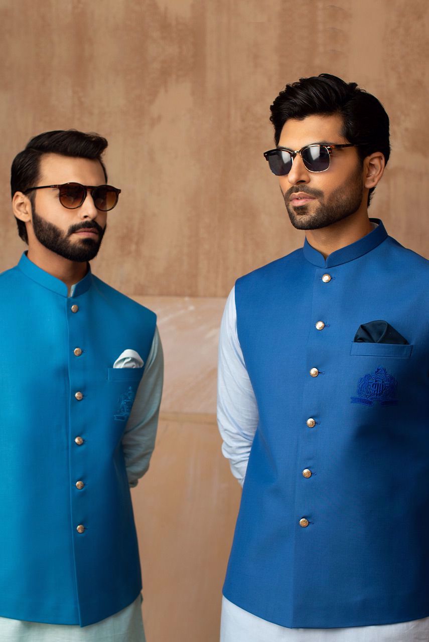 Blue Embroidered Suiting Waistcoat Kurta Set (3-Piece) - Image 3