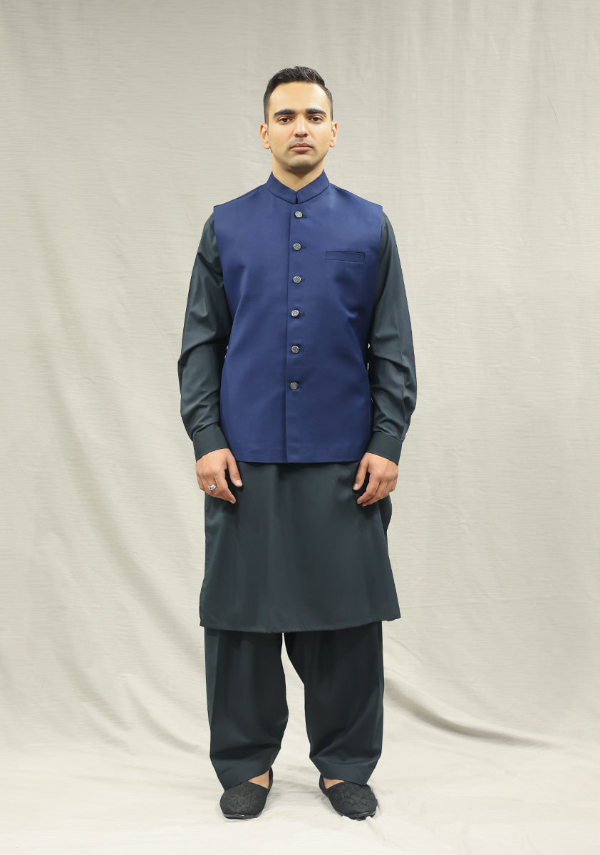 Medieval Blue Suiting Fabric Waistcoat Kurta (3-Piece) - Image 1