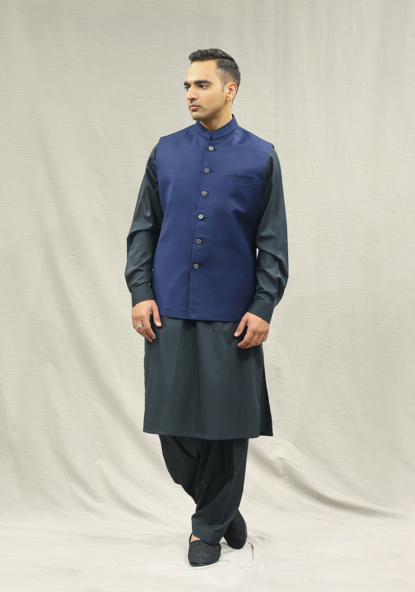 Medieval Blue Suiting Fabric Waistcoat Kurta (3-Piece) - Image 3