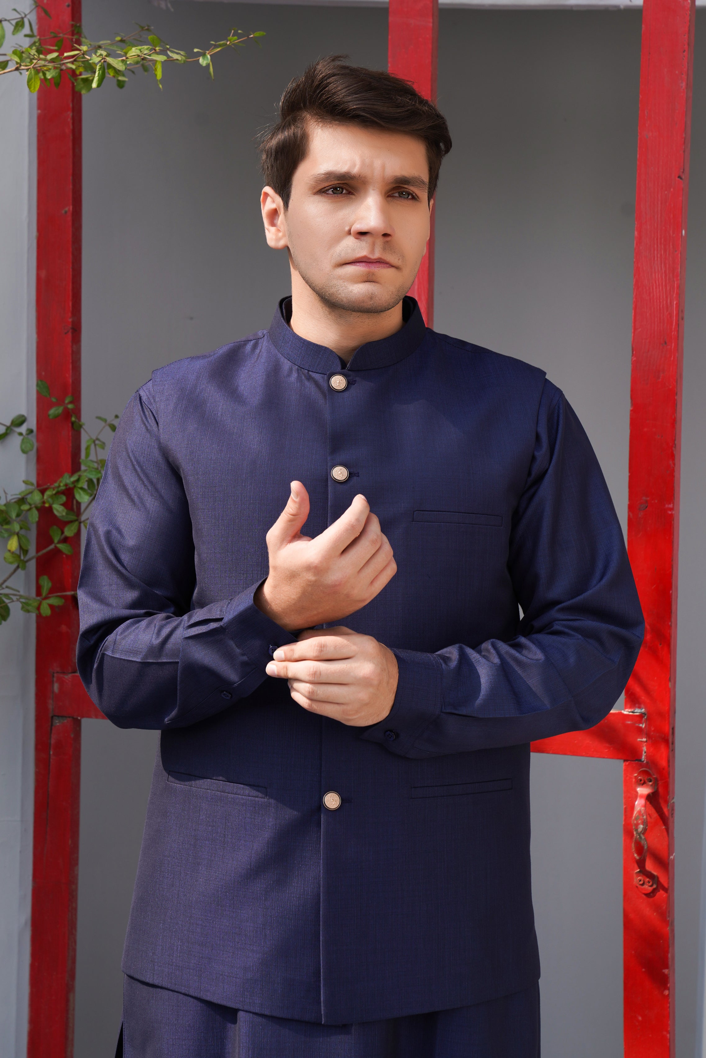 Indigo Textured Suiting Waistcoat Kurta Set (3-Piece) - Image 1