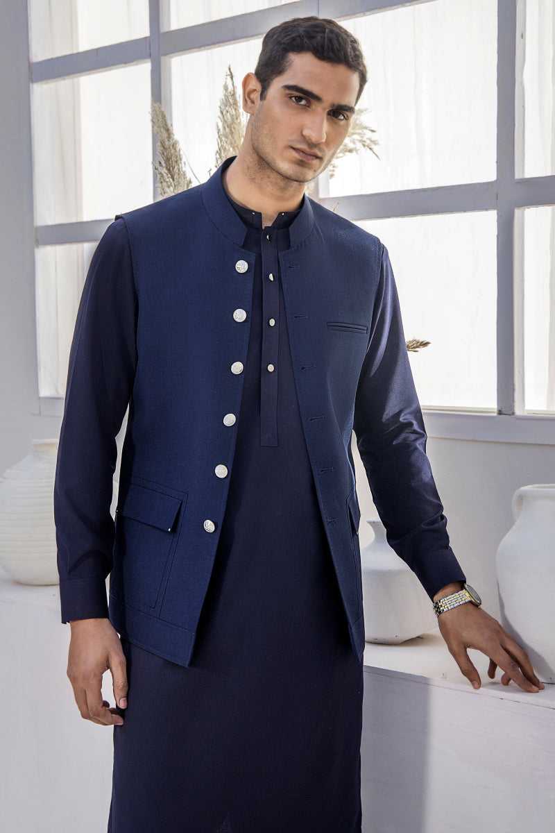 Cerulean Blue Waistcoat Kurta Set (3-Piece) - Image 1