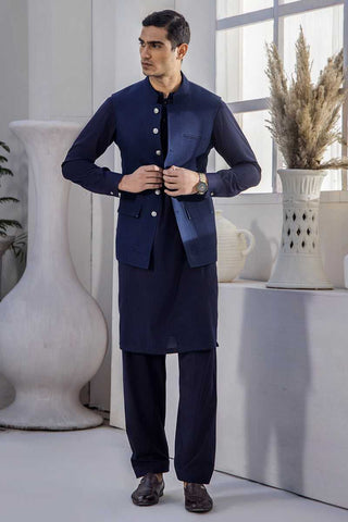 Cerulean Blue Waistcoat Kurta Set (3-Piece) - Image 3