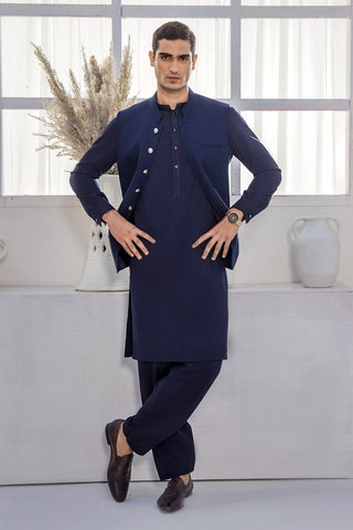 Cerulean Blue Waistcoat Kurta Set (3-Piece) - Image 6