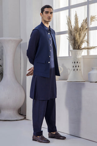 Cerulean Blue Waistcoat Kurta Set (3-Piece) - Image 7