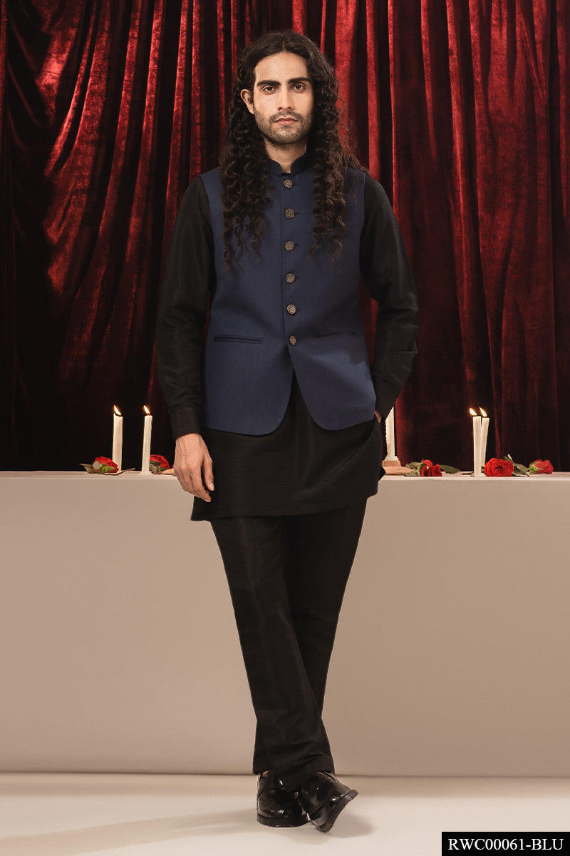 Deep Blue Suiting Waistcoat Kurta (3-Piece) - Image 1