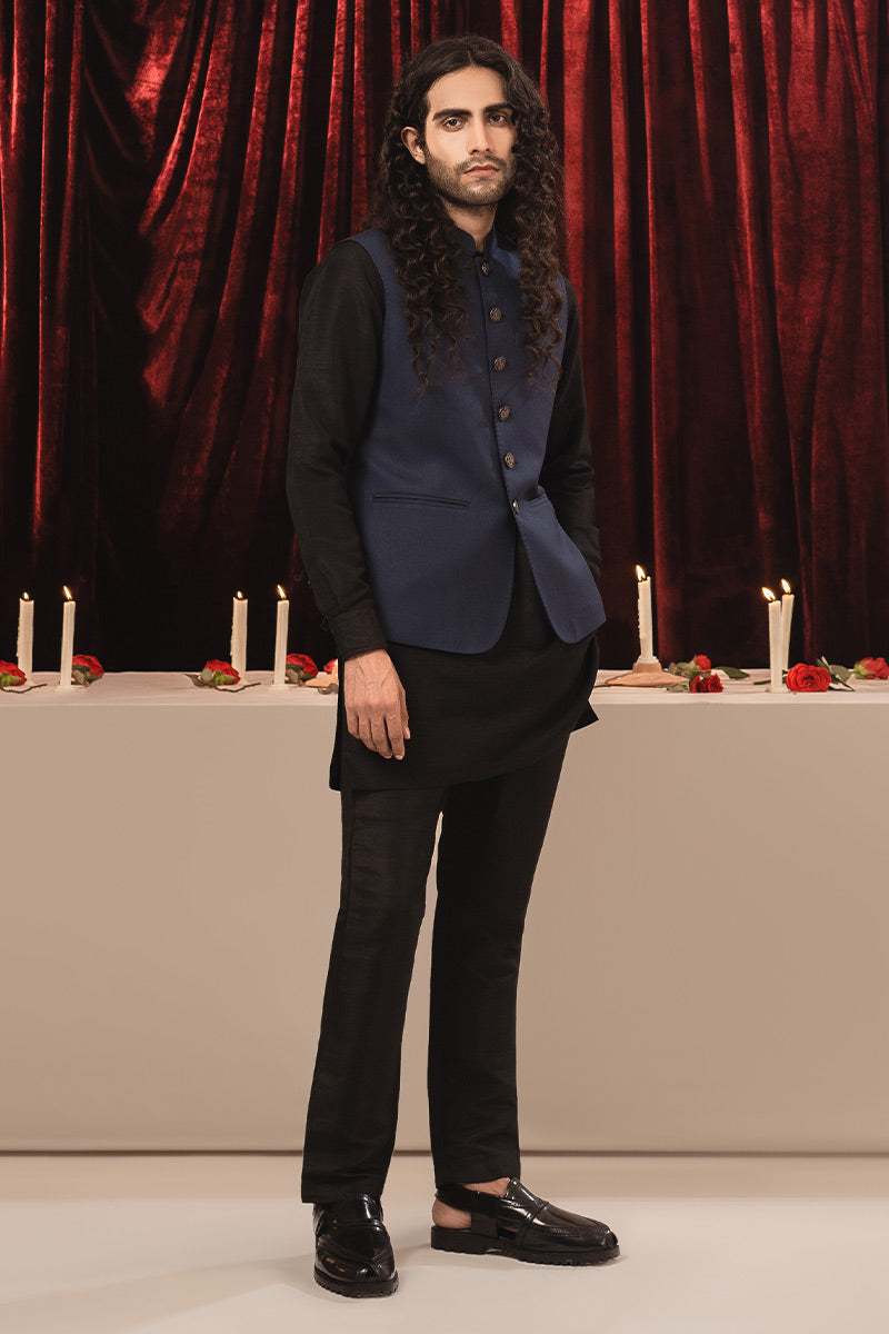 Deep Blue Suiting Waistcoat Kurta (3-Piece) - Image 2