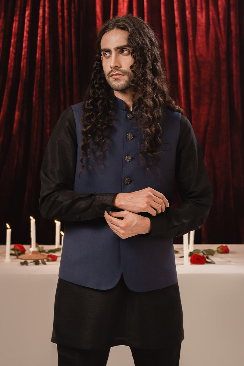 Deep Blue Suiting Waistcoat Kurta (3-Piece) - Image 3