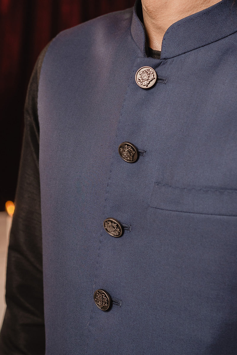Deep Blue Suiting Waistcoat Kurta (3-Piece) - Image 4