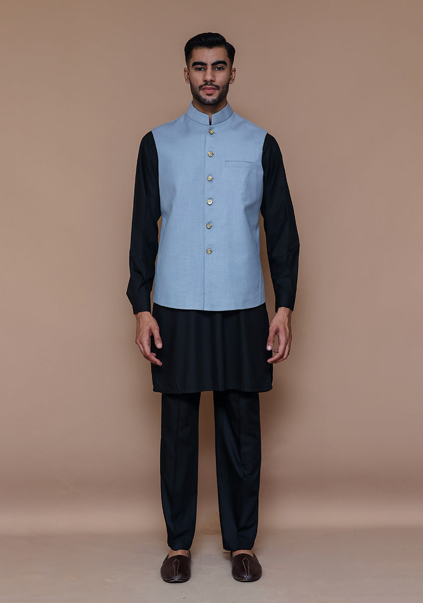 Light Blue Suiting Waistcoat Kurta Set (3-Piece) - Image 1