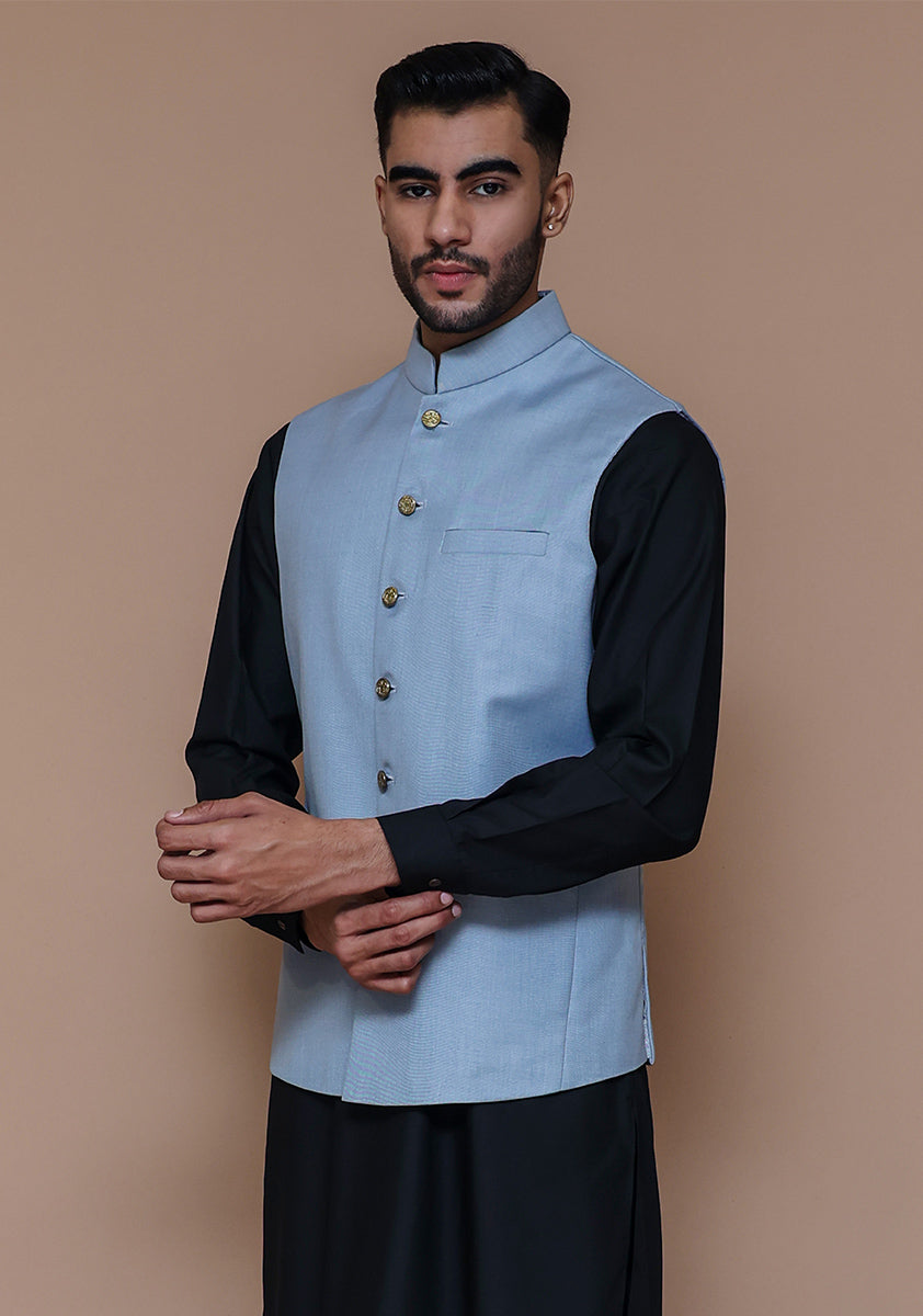 Light Blue Suiting Waistcoat Kurta Set (3-Piece) - Image 2