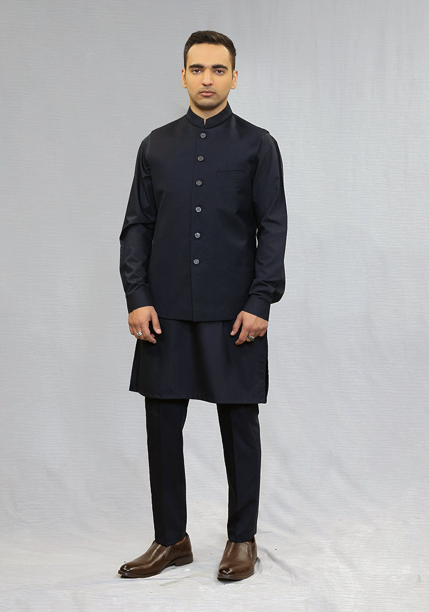 Dark Sapphire Suiting Fabric Waistcoat Kurta (3-Piece) - Image 1